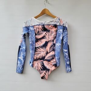 Maaji Long Sleeve One-Piece Swimsuit in Navy, Coral & Light Blue